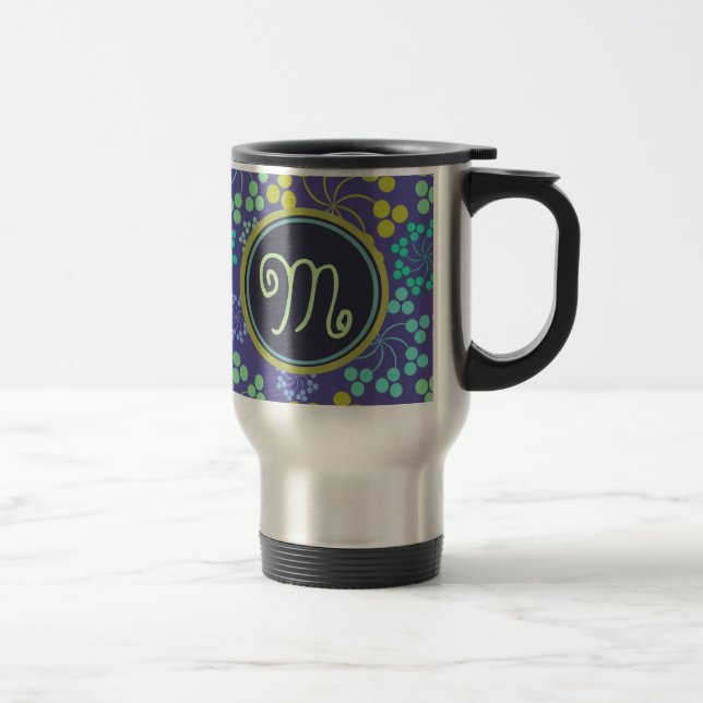 Funky Abstract Blue Floral Pattern Monogram Travel Mug (Right)