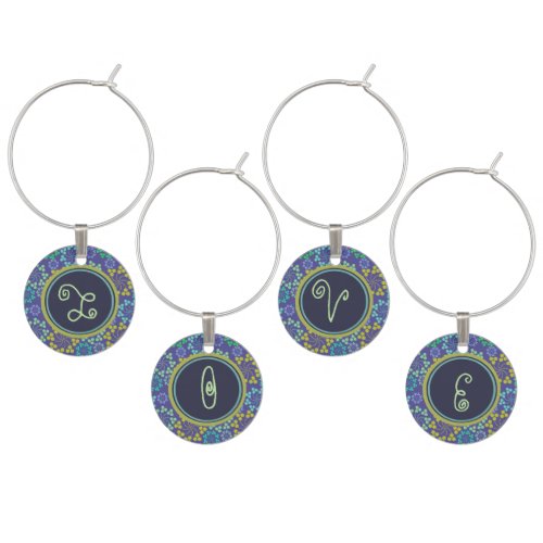 Funky Abstract Blue Floral Pattern Monogram Wine Charm