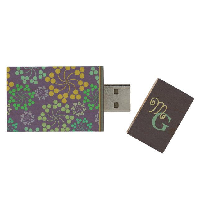 Funky Abstract Blue Floral Pattern Monogram Wood Flash Drive (Opened)