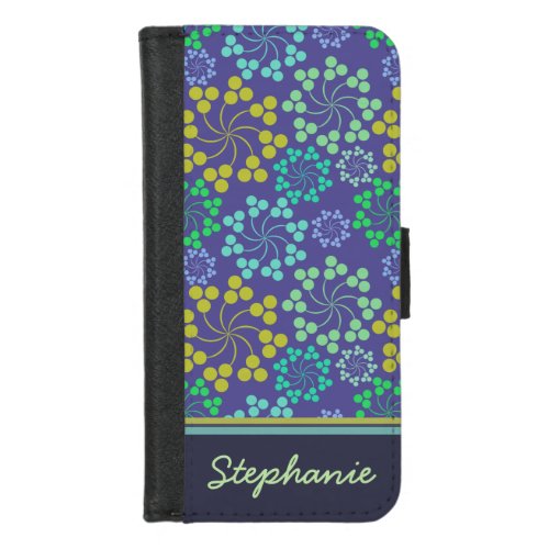 Funky Abstract Blue Floral Pattern Personalised iPhone 87 Wallet Case