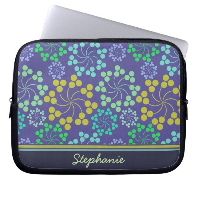 Funky Abstract Blue Floral Pattern Personalised Laptop Sleeve (Front)