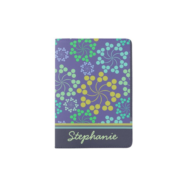 Funky Abstract Blue Floral Pattern Personalised Passport Holder (Front)