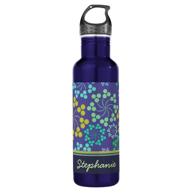 Funky Abstract Blue Floral Pattern Personalised Stainless Steel Water Bottle (Front)