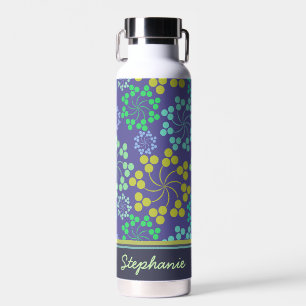 Funky Abstract Blue Floral Pattern Personalised Water Bottle