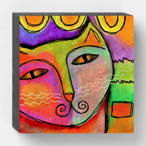 Funky Abstract Cat Digital Painting Wooden Box Sign