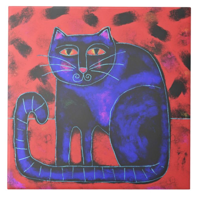 Funky Abstract Cat Painting Ceramic Tile (Front)