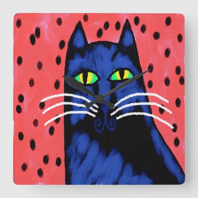 Funky Abstract Cat Painting Square Wall Clock (Front)
