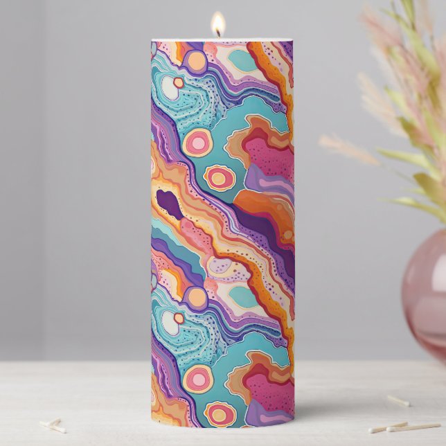 Funky Abstract Colourful Agate Geode Pattern  Pillar Candle (In Situ)