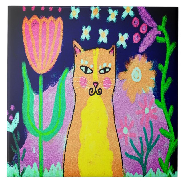 Funky Abstract Digital Cat Art Ceramic Tile (Front)