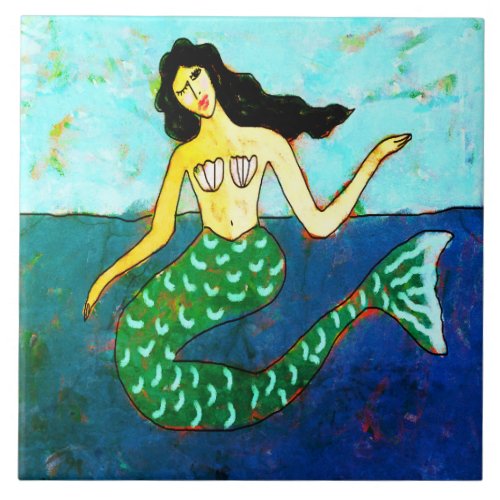 Funky Abstract Digital Mermaid Painting Ceramic Tile
