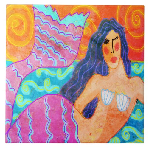 Funky Abstract Digital Mermaid Painting Ceramic Tile
