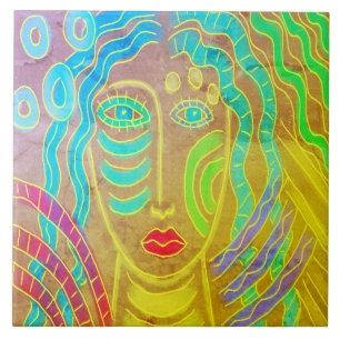 Funky Abstract Digital Painting of a Woman Ceramic Tile