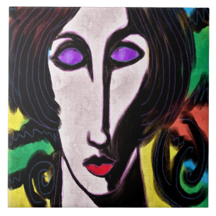 Funky Abstract Digital Painting of a Woman Ceramic Tile