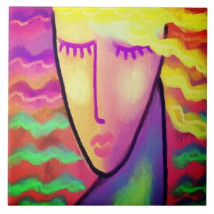 Funky Abstract Digital Painting of a Woman Ceramic Tile