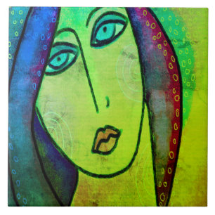 Funky Abstract Digital Portrait of a Woman Ceramic Tile