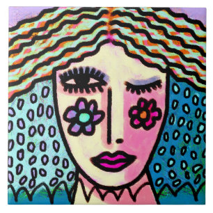 Funky Abstract Digital Portrait of a Woman Ceramic Tile