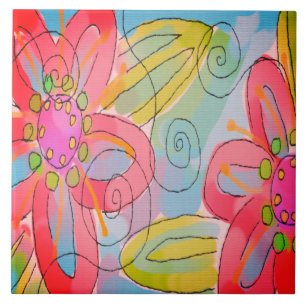 Funky Abstract Floral Painting Ceramic Tile