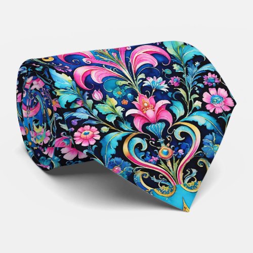 Funky Abstract Floral Pattern Pink Blue Neck Tie