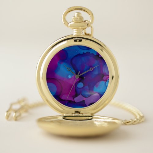 Funky abstract marbled alcohol ink purple and blue pocket watch