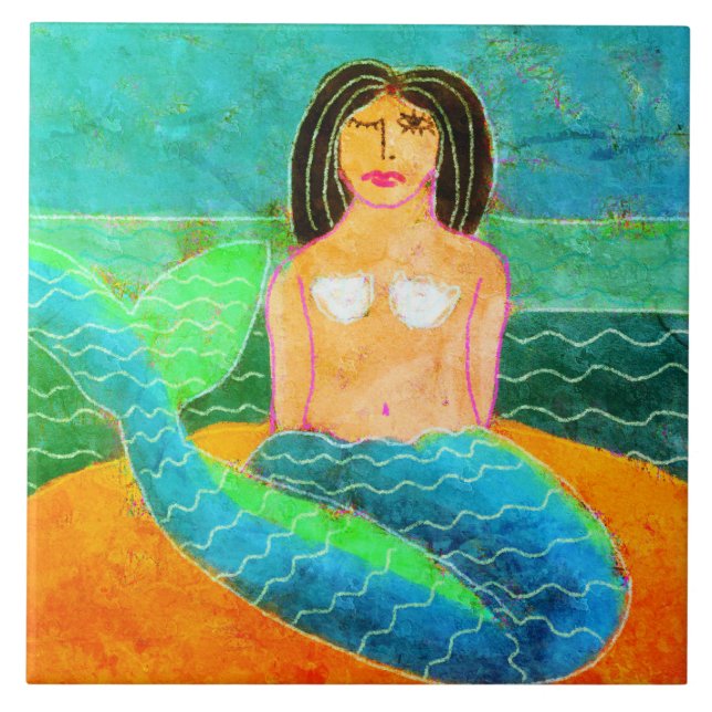 Funky Abstract Mermaid Painting Ceramic Tile (Front)