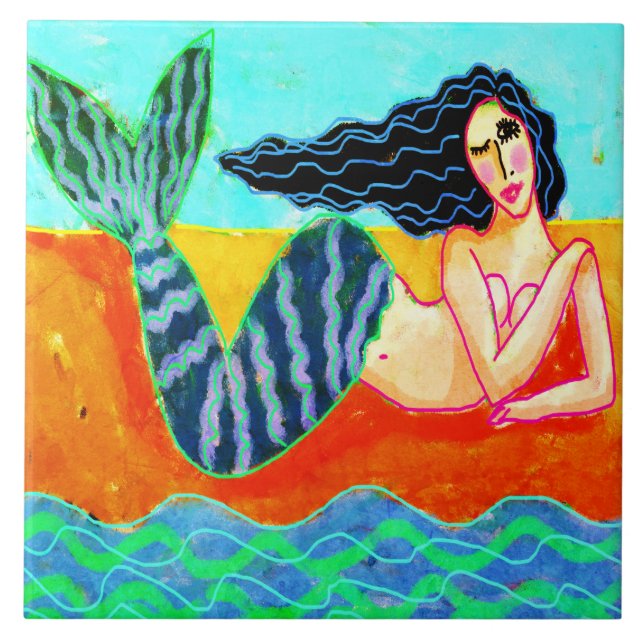 Funky Abstract Mermaid Painting Ceramic Tile (Front)