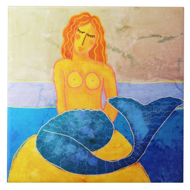 Funky Abstract Mermaid Painting Ceramic Tile (Front)