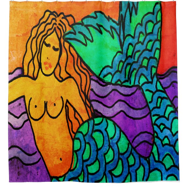 Funky Abstract Mermaid Painting Shower Curtain (Front)
