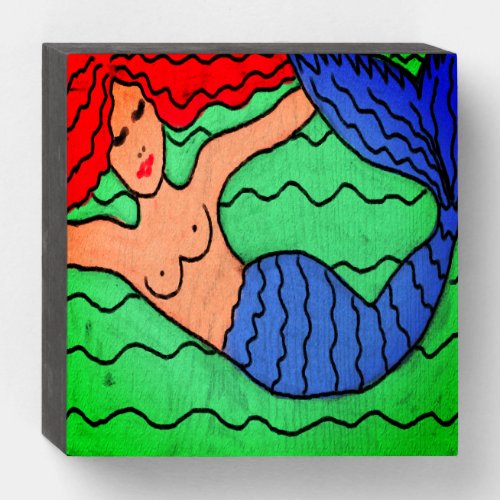 Funky Abstract Mermaid Painting Wooden Box Sign