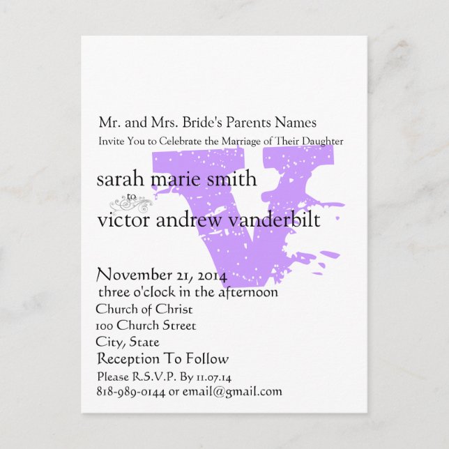 Funky Abstract Modern Monogram Purple Wedding Postcard (Front)
