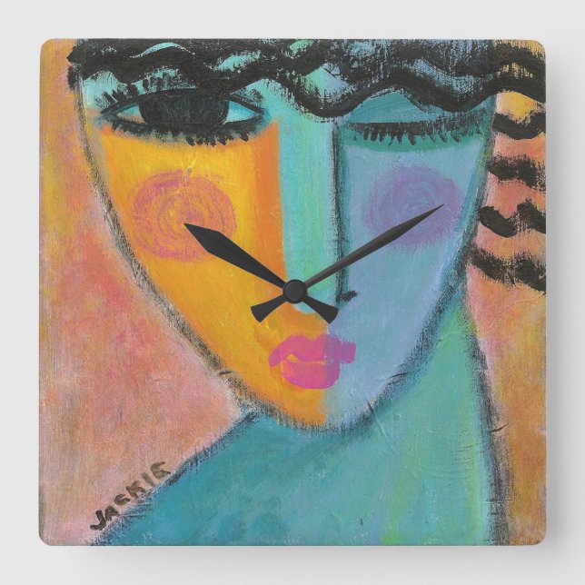 Funky Abstract Painting of a Woman Square Wall Clock (Front)