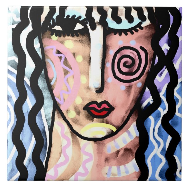 Funky Abstract Portrait of a Woman Ceramic Tile (Front)