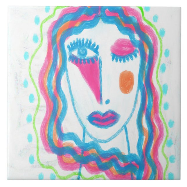 Funky Abstract Portrait of a Woman Ceramic Tile (Front)
