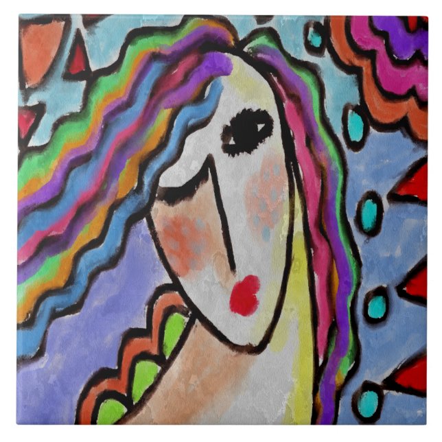 Funky Abstract Portrait of a Woman Ceramic Tile (Front)