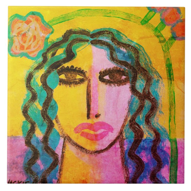 Funky Abstract Portrait of a Woman Ceramic Tile (Front)