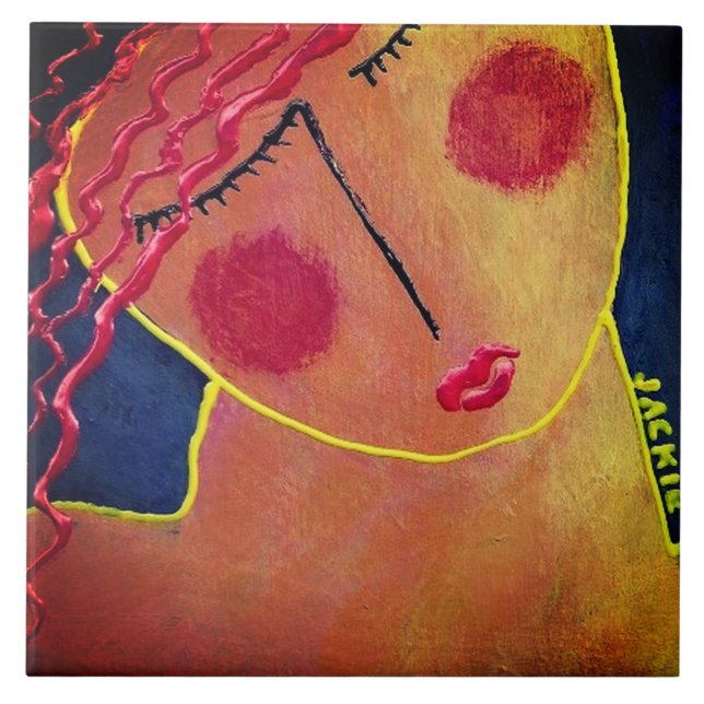 Funky Abstract Portrait of a Woman Ceramic Tile (Front)