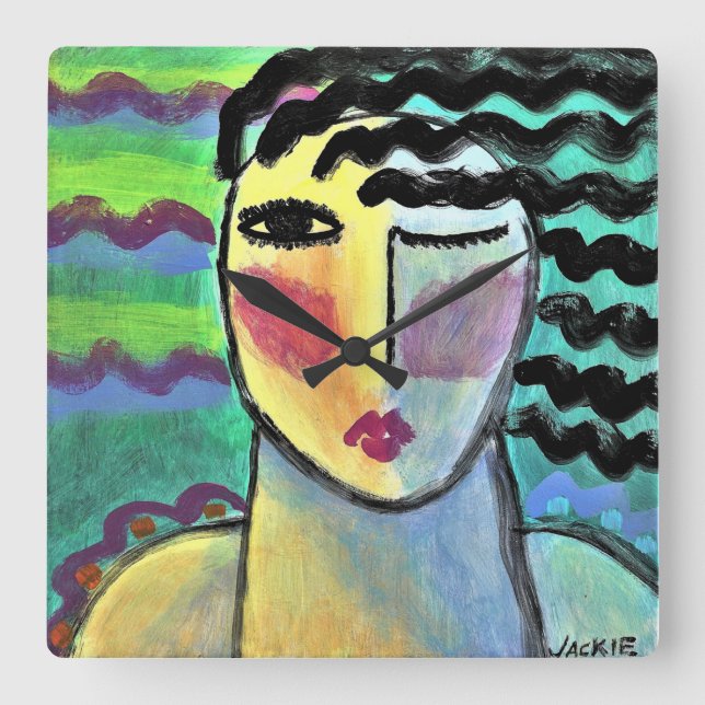 Funky Abstract Portrait of a Woman Square Wall Clo Square Wall Clock (Front)