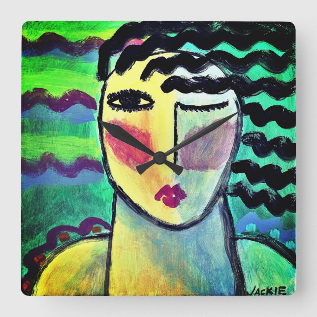 Funky Abstract Portrait of a Woman Square Wall Clock (Front)