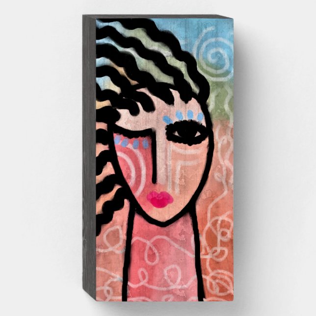 Funky Abstract Portrait of a Woman Wooden Box Sign (Front Vertical)