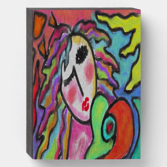 Funky Abstract Portrait of a Woman Wooden Box Sign (Front Vertical)