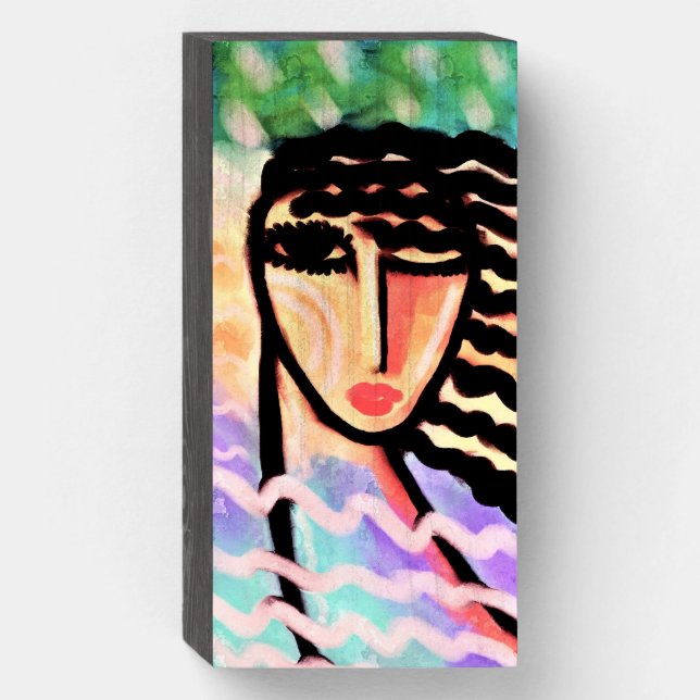 Funky Abstract Portrait of a Woman Wooden Box Sign (Front Vertical)