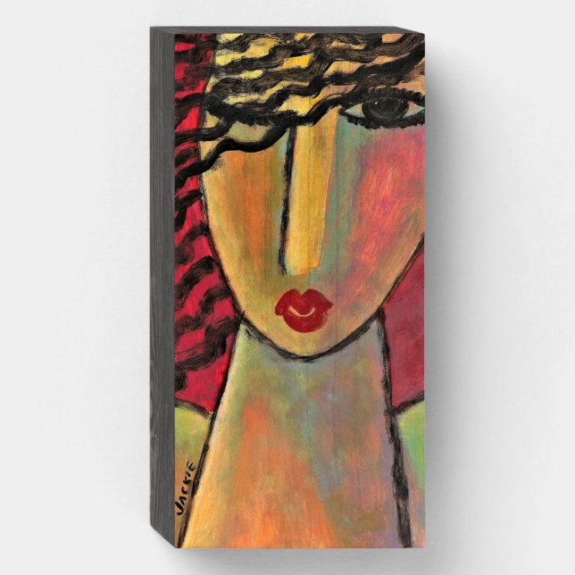 Funky Abstract Portrait of a Woman Wooden Box Sign (Front Vertical)