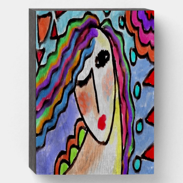 Funky Abstract Portrait of a Woman Wooden Box Sign (Front Vertical)