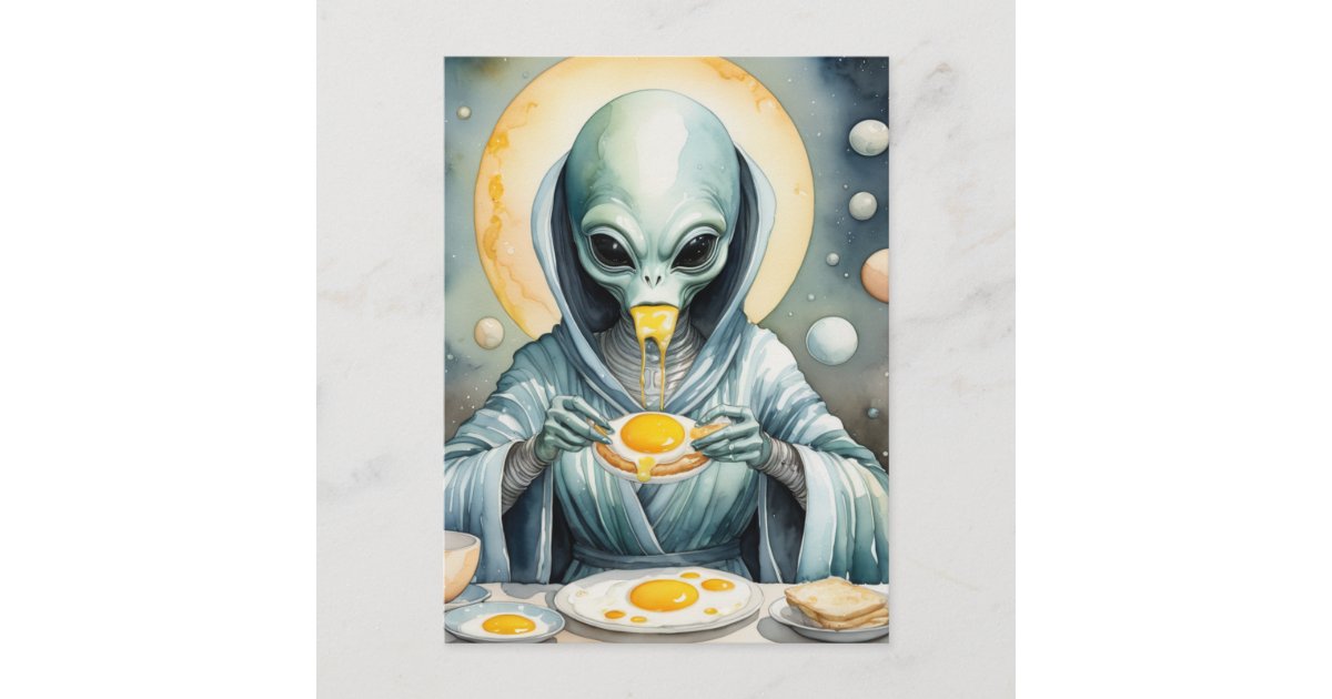 Funky Alien Eats Fried Eggs Runny Yolks Watercolor Postcard | Zazzle