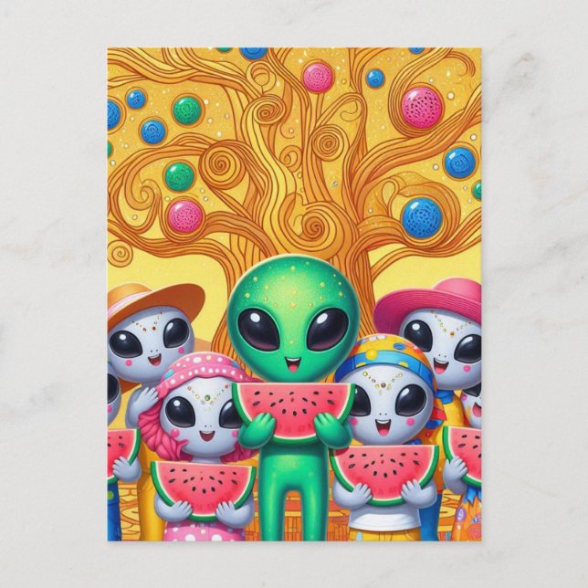 Funky Aliens Eating Watermelon Postcard (Front)
