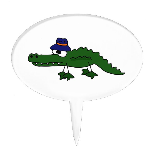 Funky Alligator Wearing Fishing Hat Cartoon Cake Topper (Front)