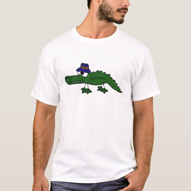 Funky Alligator Wearing Fishing Hat Cartoon T-Shirt (Front)