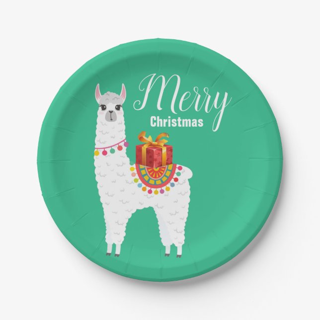 Funky Alpaca Christmas cute llama Paper Plates (Front)