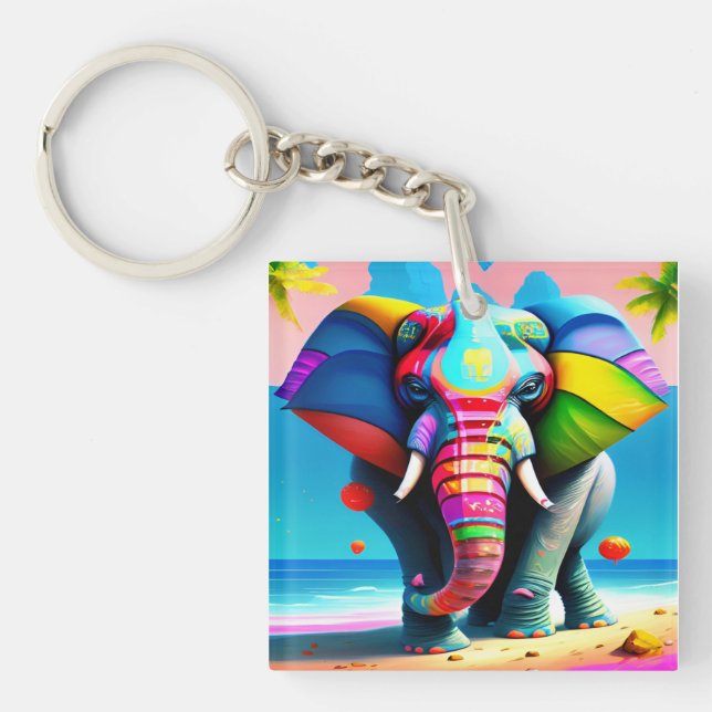 Funky and Playful Rainbow Elephant Print  Keychain (Front)