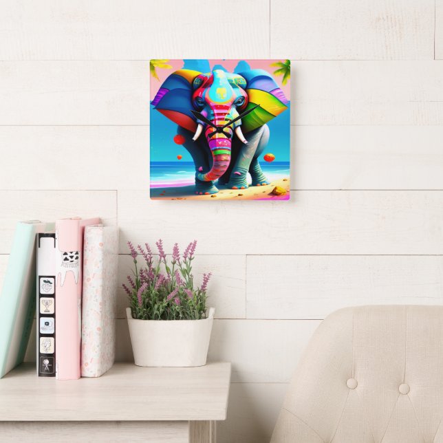 Funky and Playful Rainbow Elephant Print  Square Wall Clock (Reading Room)