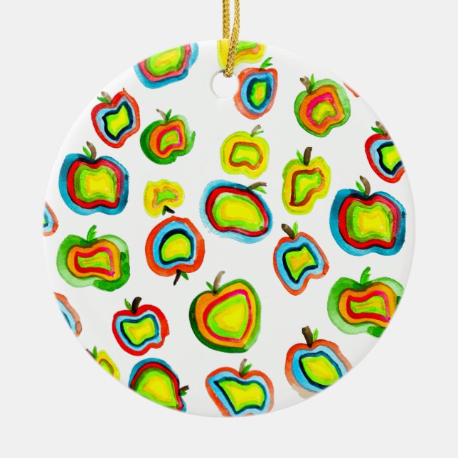 Funky apple watercolor fruit design ceramic ornament (Front)